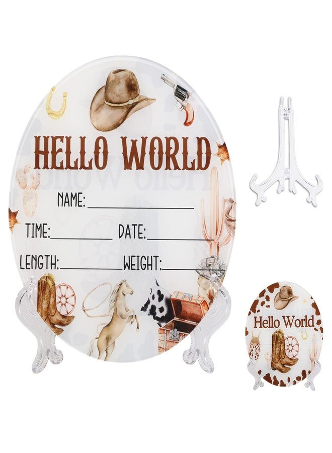 CORNER LACE Acrylic Baby Birth Announcement Sign with Stand, Western Cowboy Theme Double-Sided Newborn Name Board, Hello World Milestone Card for Welcome Baby Hospital Nursery Gift Photo Prop - Image 1